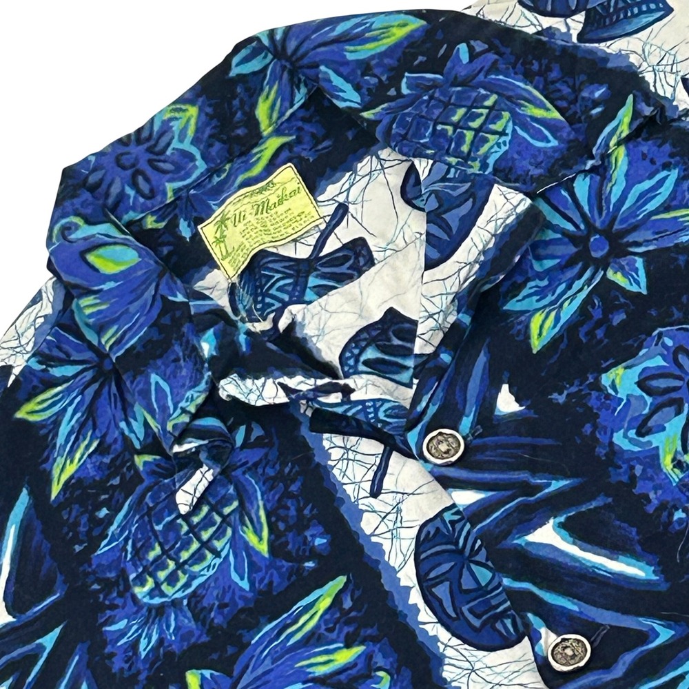 Ui-Maikai Shirt Mens XL Blue Tiki Pineapple Made in Hawaii Vintage 60's